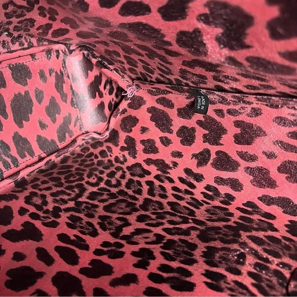 FURLA  Pink Leather Tote Bag with Eiffel Tower Charm Leopard Print Interior